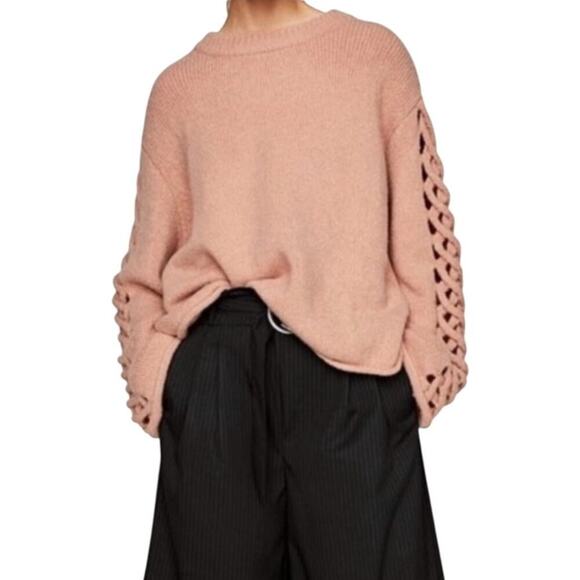 Zara Knit Braided Sleeve Blush Chunky Sweater Size Small - Picture 10 of 10